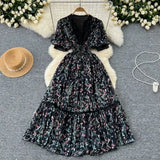 Fongt Dress Women's Summer High-End Feeling V-Neck Lace Splicing Bubble Sleeves To Close The Waist Of The Chopped Snowy Dress