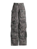 Fongt 2024 New Personality Street Trend Camouflage Multi-Pocket Design Loose Type Low Waist Cargo Pants-Outfit