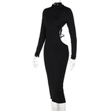 Sexy Women Backless Midi Dress Turtleneck Long Sleeve Elegant Slim Dresses 2021 Autumn Black Casual Basic Bodycon