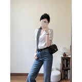 Fongt Summer French White Lace Stitching Design Shirt Women Commuting Micro-Rave Jeans Two-Piece Set