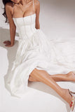 White Stripe Corset Frill Midi Dress-Outfit