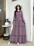 Fongt High-End Retro Collar Single Buckle Lantern Sleeve Dress Women's Hollow Lace To Receive Long Waist Skirt