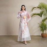 Fongt Court Dress Female Senior Sense Strap To The Waist Lantern Sleeve Print Single Buckle Mesh Elegant Dress