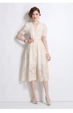 Fongt French Gentle Heavy Industry Embroidery V Zero Bubble Sleeve Dress Women's New Single Buckle Shed Skinny Dress