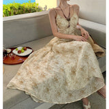 Fongt Tea Break Dress Female 2023 Summer Waist Show Thin Hepburn Style Temperament Floral Halter Dress-Outfit