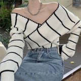 Fongt Girl Cross One Word Shoulder Striped Top Spring New Chic Retro Sexy Off The Shoulder Long Sleeves Show Skinny Knit-Outfit