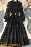 Lace Dress Women Spring Autumn New Round Neck Long Sleeve Vintage Embroidery Long Dresses Ladies Temperament Party