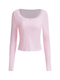 Women Lace Patchwork Ribbed Slim T-shirts Cropped Tops Solid Color Round Neck Long Sleeve Base Tees Shirts Streetwear-Outfit