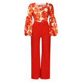 Fongt Large-Size Women's New Fashion Print Strapped With Broad Leg Pants Two-Set Set