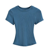 Trend Women's Wear Thread Slim Short-Sleeved T-Shirt Sexy Round Collar Solid Color Shoulder Show Thin Short Navel Blouse-Outfit