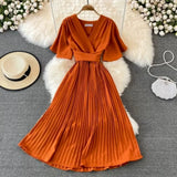 Fongt New V-Neck Short-Sleeved Dress Over Knee-Repaired Lady's Waist Tie Mid-Slap Dress