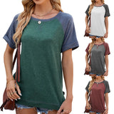 / Summer 2024 New Round Collar Short Sleeve Split Color Splicing Loose T-Shirt-Outfit