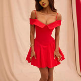 Fongt Spring New Sweet One Word Collar Sling Dress Sexy Back Chic Slim Short Dress-Outfit
