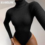 Solid Ribbed Turtleneck Rompers Sexy Jumpsuit Black Long Sleeve Bodysuit Winter 2020 Elegant Body Femme High Neck