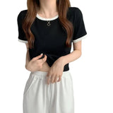 Fongt Color Round Collar Short-Sleeved T-Shirt Female 2024 New Summer Bottom Shirt Korean Version Slim Short Student Top