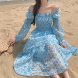 Floral Dress Women 2023 Summer Puffer Sleeve Beach One Piece Dress Korean Elegant Vintage Dress Female Chic Square Collar-Outfit