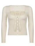 Fleece Bow-Neck Ribbed Lace Blouse-Outfit