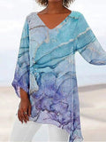 Fongt Women's Clothing 2025 Summer New T-Shirt Casual Loose Irregular Print Long-Sleeved V-Neck Top