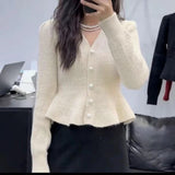 Sweater Women's 2024 Spring New French Lotus Leaf Hem Bubble Sleeve Blouse V Collar Knitted Sweater-Outfit