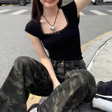 Lace Trim Square Neck Bow Short Sleeve Tee-Outfit