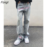 Letter Embroidery Jeans Girl Ulzzang Straight Gothic Pants Trousers Punk Harajuku Student Denim Bagge Spring Jeans