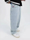 Boy Jeans Y2K Hip-Hop Cartoon Embroidery Retro Blue Loose Gothic Wide-Legged Pants-Outfit