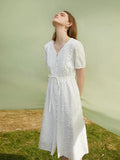Jacquard French Gentle White Women Dress V-Neck Summer 2022 New Solid Short Slevee Mid-Calf Straight Boho Women