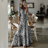 Fongt Summer New Women's Wear Temperament Holiday V Collar Print Large Place Long Dress-Outfit
