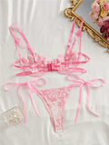 Ribbon Tie Up Embroidery Flower Half Cup Lingerie Set-Outfit