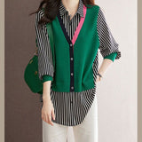 Loose Turn-down Collar Striped Blouse Women's Clothing Fake Two Pieces Spring Autumn Patchwork Single-breasted Shirt-Outfit