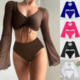 2023 New Split-Colored High-Waist Conservative Splicing Yarn Swimsuit