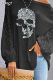 Women Sexy Skew Collar Casual Blouse Elegant Femme Skull Print Office Shirt Blusa Spring Autumn Hollow Batwing Sleeve