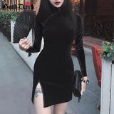 Dark Solid Vintage Gothic Dresses Harajuku Autumn 2021 Patchwork Grunge Spliced Women Dress Button Longsleeve