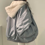 Korean Fashion Velvet Lambswool Reversible Jacket Women Harajuku Oversized Solid Basic Winter Zip Up Hoodie Beige