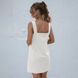New Strap Dress Women Solid Color Button Loose Waist Pocket Sleeveless Casual Streetwear Beach Mini Short