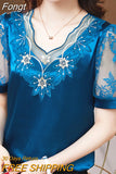 Neck Fashion Lace Satin Blouses Flower Embroidery Elegant 2023 Woman Summer Silk Short Sleeve Shirts Youth Top Blusas