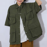 Fongt Cityboy Solid Color Multi-Pocket Overalls Short-Sleeved Shirt Men And Women Loose Retro Function Shirt Tide-Outfit
