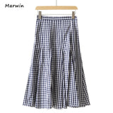 Spring Summer Printing Plaid Pattern Empire Elastic Women A-Line Two Color High Street Style