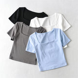 Solid Color Square Neckline Navel Women's Short Sleeves Summer High Waist Thin T-Shirt Cotton Large Neckline Slim Blouse-Outfit