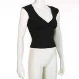 Girl Style Simple Solid Color Basic Sexy Low-Cut V-Neck Slim Flying Sleeve T-Shirt 2024 Spring / Summer New Style-Outfit