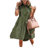 Fongt Summer Leisure Leisure Loose Sleeveless Pressure Pleated Stitching Solid Color Large Swing Round Collar