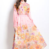 Fongt Lady Print Set Of Women's Holiday Style Collar Lantern Sleeves Thin Shirt High Waist Large Swing Long Skirt