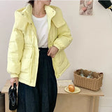 Half-Round Button Short Down Jacket Female 2024 Winter New Hat Add Thick Waist Show Thin Overalls Warm Coat-Outfit