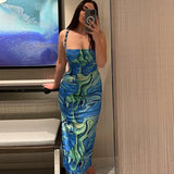 Fongt Women's Summer 2024 New Fashion Print With Open Back Strap Slim Sling Dress-Outfit