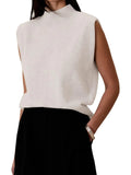 Fongt New Women's Solid Color Half High Neck Sleeveless Vest Fashion Simple Knit Loose-Outfit