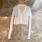 V-neck Solid Cropped Cardigan Women Korean Autumn Long Sleeve Thin Ice Silk Knitted Sweaters Air Conditioner