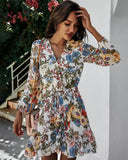 Fongt White Skirt V-Neck Chiffon Print Temperament Commuter Mid-Rise Long-Sleeved
