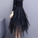 Fashion Mesh Irregular Cupcake Patchwork Midi Skirt 2023 Korean Casual Commute All-match Elastic High Waist A-Line Skirt-Outfit