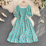 Summer New French Soft Style Sweet American Collar Bubble Short Sleeves Waist Show Thin Forked A-Shaped Dress-Outfit