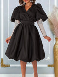 Fongt Women's Clothing V-Neck Big Swing Bubble Sleeve Banquet Dress Bridesmaid Dress Dress